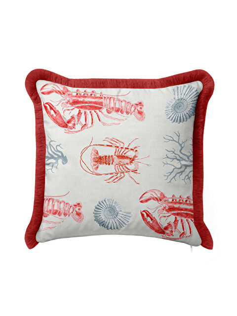 Milbay Grup Lobster Marine Elegance Saçaklı Yastık Kılıfı - Akdeniz Sahili Kırmızı Mavi Püsküllü Kırlent Kılıfı