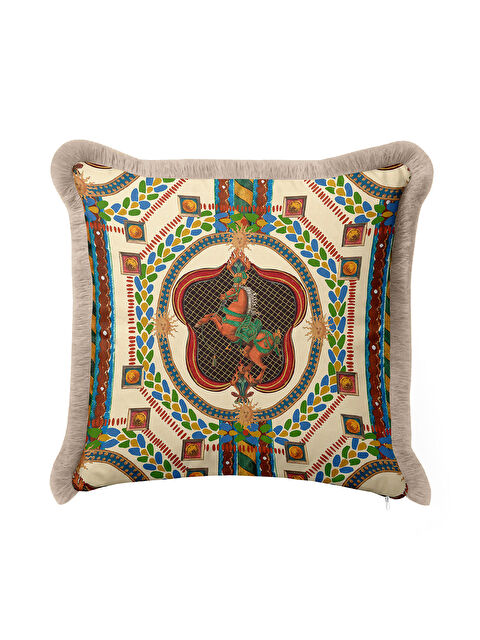 Milbay Grup Saray Esintili Lüks Saçaklı Yastık Kılıfı - At Figürü Klasik Bohem Bej Altın Püsküllü Kırlent Kılıfı