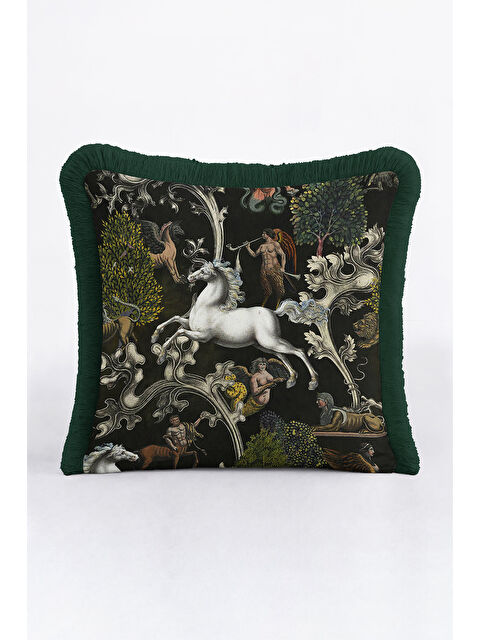 Milbay Grup Mitolojik Lüks Saçaklı Yastık Kılıfı - Fantastik Orman Koyu Yeşil Bohem Püsküllü Kırlent Kılıfı