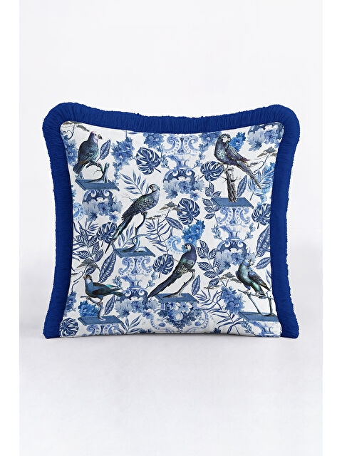 Milbay Grup Zarif Kuş Motifli Saçaklı Yastık Kılıfı - Mavi Barok Bohem Çiçekli Püsküllü Kırlent Kılıfı