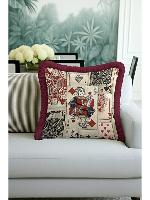 Milbay Grup Vintage Oyun Kartları Saçaklı Yastık Kılıfı - Retro Stil Bordo Püsküllü Kırlent Kılıfı