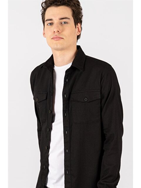 TUDORS Slim Fit Düz Cepli Gabardin Erkek Siyah Gömlek - S000026921-19351