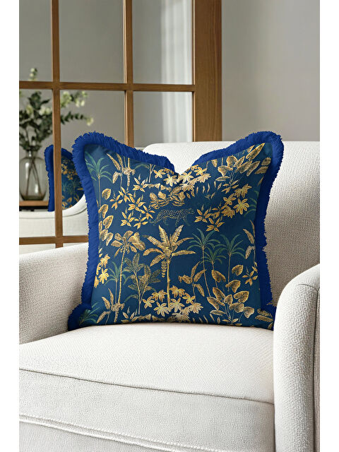 Milbay Grup Tropikal Orman Altın Renkli Saçaklı Yastık Kılıfı - Lüks Bohem Lacivert Püsküllü Kırlent Kılıfı