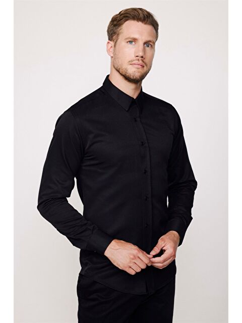 TUDORS Modern Slim Fit Uzun Kollu Pamuklu Kolay Ütü Armürlü Erkek Siyah Gömlek - S000027542-19351