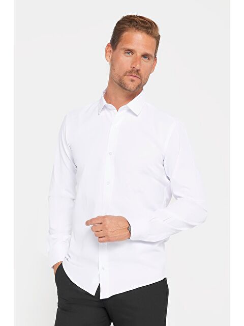 TUDORS Erkek Modern Slim Fit Pamuklu Düz Beyaz Gömlek - S000027430-20063