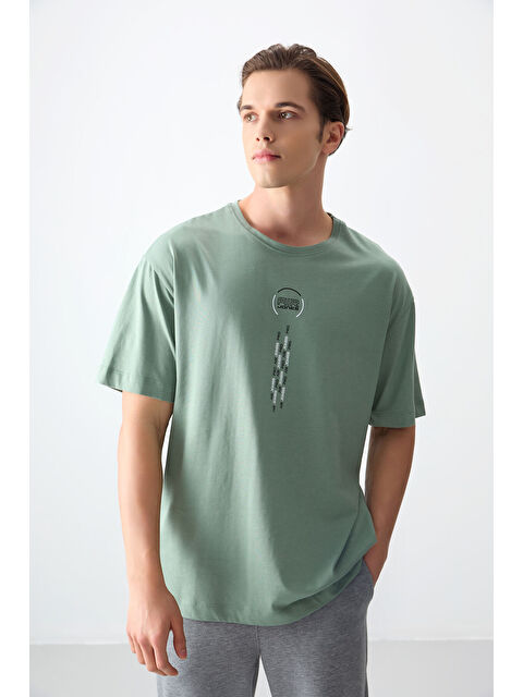 Air Jones Açık Yeşil %100 Pamuk Kalın Yumuşak Dokulu Oversize Fit Baskılı Erkek Tişört -88355 - S000149632-29488