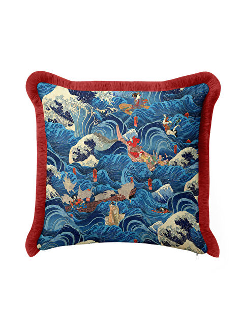 Milbay Grup Japon Stil Dalga Motifli Saçaklı Yastık Kılıf - Uzak Doğu Sanatı Mavi Kırmızı Püsküllü Kırlent Kılıf