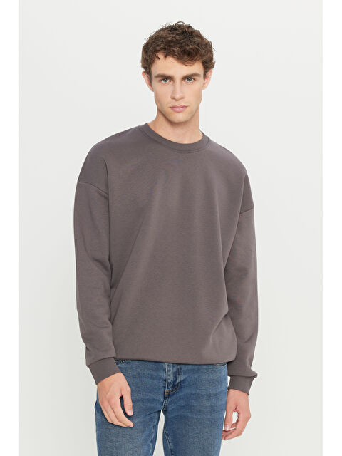 AC&Co / Altınyıldız Classics Erkek Koyu Gri Oversize Fit Bol Kesim Pamuklu İçi Polarlı Bisiklet Yaka Sweatshirt - S000394595-29351