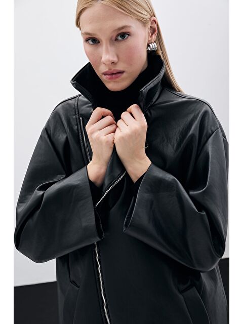 SATEEN Oversize Deri Ceket - Siyah - S000323794-19351