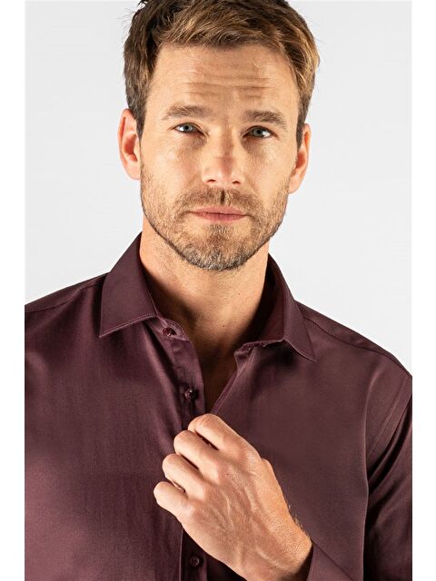 TUDORS Erkek Modern Slim Fit Düz Saten Pamuklu Bordo Gömlek - S000026917-19951
