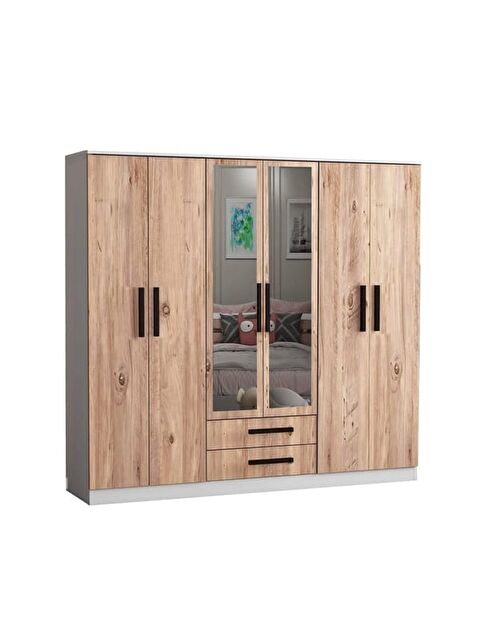 Eco Room Deniz 6 Kapaklı 2 Çekmeceli Aynalı Gardırop - Atlantik Çam / Beyaz - 180x48x180 cm - S000477040-37316
