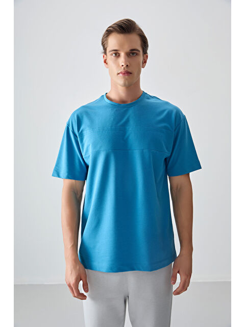 Air Jones Petrol Mavi Pamuklu Kalın Yumuşak Dokulu Oversize Fit Basic Erkek Tişört - 88378 - S000160656-20019