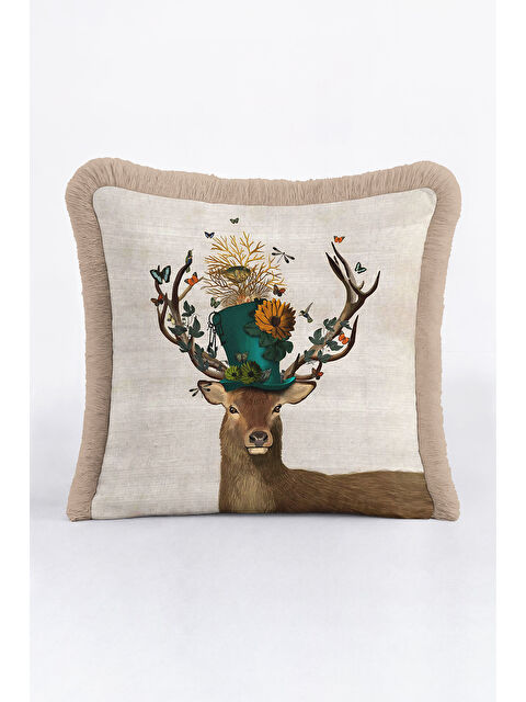 Milbay Grup Doğal Zarif Doğa Temalı Saçaklı Yastık Kılıfı - Bohem Bej Yeşil Altın Renkli Püsküllü Kırlent Kılıfı