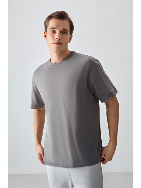 Air Jones Koyu Gri %100 Pamuk Kalın Yumuşak Dokulu Oversize Fit Basic Erkek Tişört - 88353 - S000149622-29351