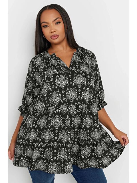 Stil Diva Büyük Beden Yarım Kollu Çentik Yaka Desenli Bluz 321991 - S000383722-19351
