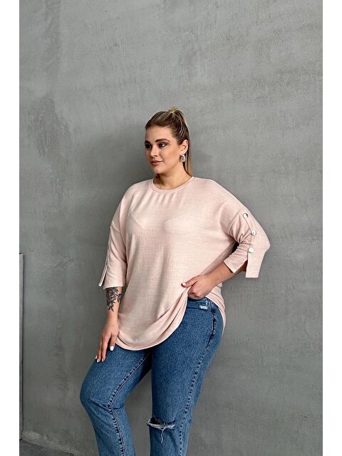 Stil Diva Büyük Beden Yarım Kollu Bisiklet Yaka Düğme Detaylı Kazak 303072 - S000350547-19928