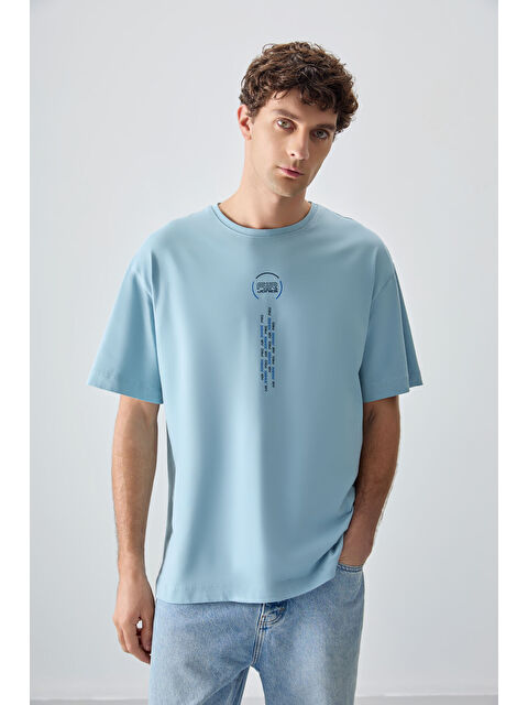 Air Jones Açık Mavi %100 Pamuk Kalın Yumuşak Dokulu Oversize Fit Baskılı Erkek Tişört - 88355 - S000149632-17437