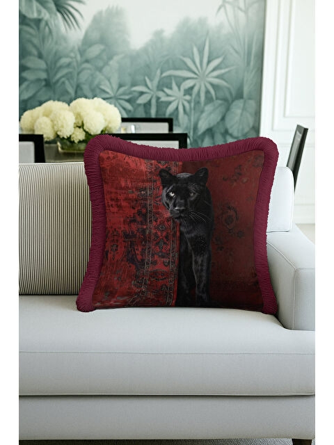 Milbay Grup Lüks Siyah Panter Saçaklı Yastık Kılıfı - Vintage Kırmızı Bohem Püsküllü Kırlent Kılıfı