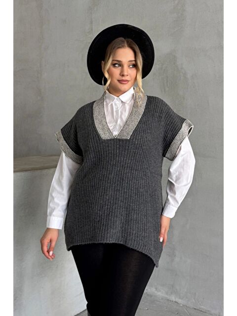 Stil Diva Büyük Beden V Yaka Kısa Kollu Triko Süveter 302138 - S000322176-29351