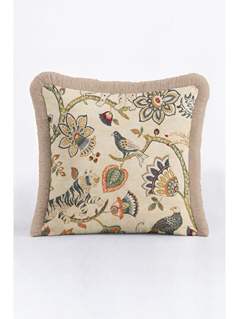 Milbay Grup Lüks Doğal Motifli Saçaklı Yastık Kılıfı - Kuş ve Kaplan Etnik Country Bej Püsküllü Kırlent Kılıfı