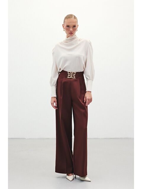 SATEEN Bel Aksesuarlı Bol Paça Pantolon - Kahve - S000323841-19413
