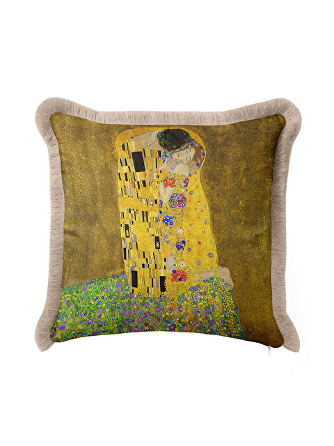 Milbay Grup Sanatsal Altın Renkli Saçaklı Yastık Kılıfı - Romantik Bohem Sarı Bej Püsküllü Kırlent Kılıfı