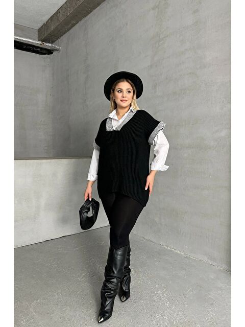 Stil Diva Büyük Beden V Yaka Kısa Kollu Triko Süveter 302139 - S000320172-19351