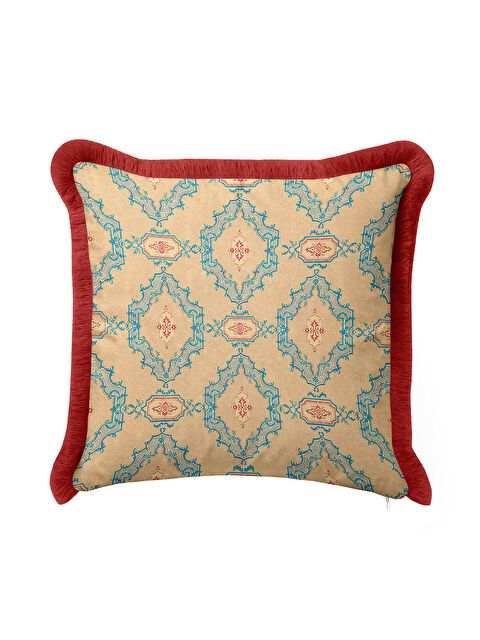 Milbay Grup Saray Motifli Saçaklı Yastık Kılıfı - Vintage Etnik Krem Mavi Kırmızı Püsküllü Kırlent Kılıfı