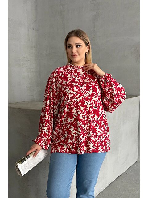 Stil Diva Büyük Beden Yakası Büzgülü Uzun Kollu Desenli Bluz E15233 - S000320166-19951