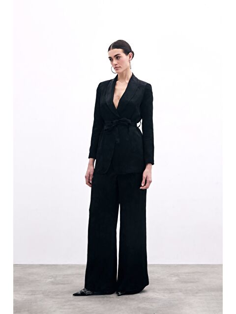 SATEEN Jakarlı Bol Paça Pantolon - Siyah - S000358408-19351