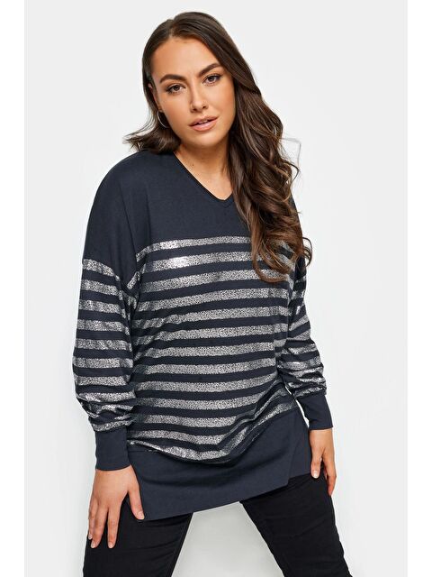 Stil Diva Büyük Beden V Yaka Uzun Kollu Metalik Çizgili Sweatshirt 302790 - S000136800-21164