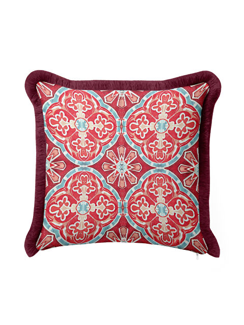 Milbay Grup Saray Motifli Saçaklı Yastık Kılıfı - Neo Klasik Bohem Bordo Mavi Püsküllü Kırlent Kılıfı