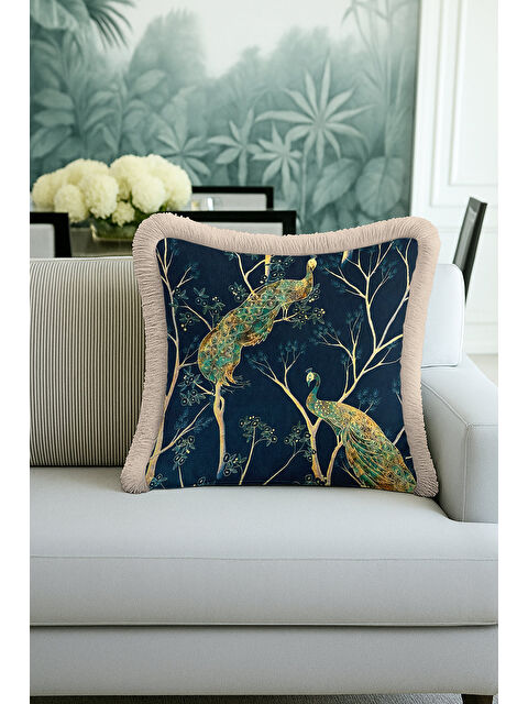 Milbay Grup Lüks Tavuskuşu Motifli Saçaklı Yastık Kılıfı - Zarif Bohem Mavi Altın Renkli Püsküllü Kırlent Kılıfı