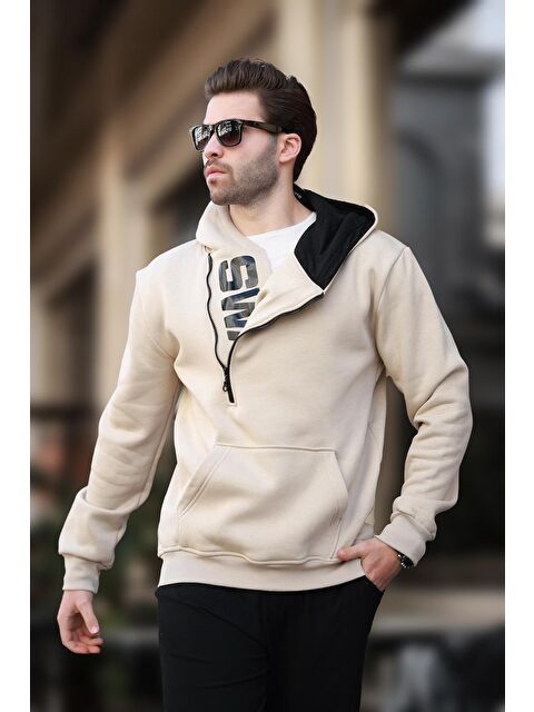 Madmext Bej Fermuar Detaylı Kapüşonlu Erkek Hoodie 1767 - S000055013-19928