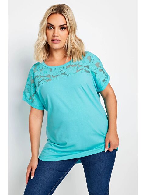 Stil Diva Büyük Beden Bisiklet Yaka Tül Detaylı Kısa Kollu Tişört 321836 - S000241905-17437