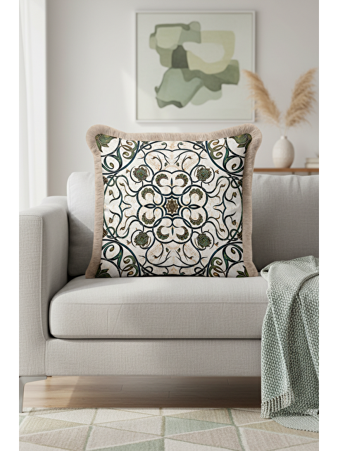 Milbay Grup Lüks Art Nouveau Stil Saçaklı Yastık Kılıfı - Antik Etnik Yeşil Krem Püsküllü Kırlent Kılıfı
