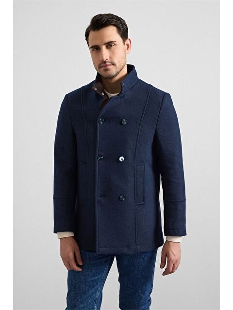 Süvari Lacivert Slim Kruvaze Yaka Düz Yan Cepli Düğmeli Dolgusuz Standart Kaban