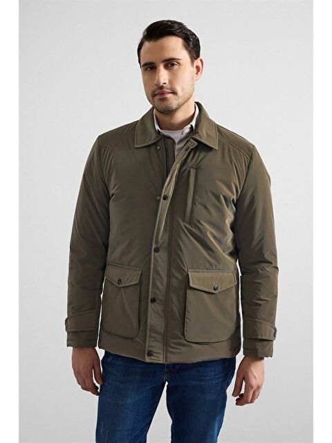 Süvari Koyu Haki Slim Gömlek Yaka Düz Torba Cep Fermuar + Çıtçıt Elyaf Dolgulu Standart Mont