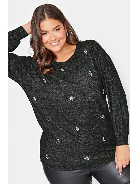 Stil Diva Büyük Beden Bisiklet Yaka Taş Detaylı Uzun Kollu Bluz 302622 - S000196803-19351