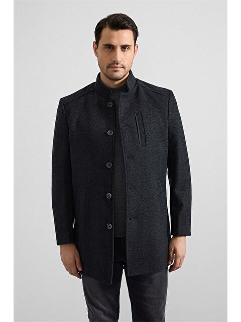 Süvari Siyah Regular Hakim Yaka Düz Yan Cepli Düğmeli Dolgusuz Standart Kaban