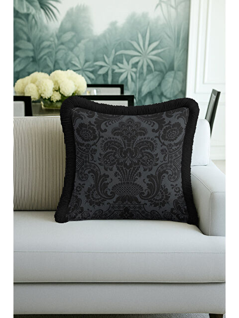 Milbay Grup Barok Lüks Saçaklı Yastık Kılıfı - Gotik Şıklık Koyu Gri Siyah Avangart Püsküllü Kırlent Kılıfı