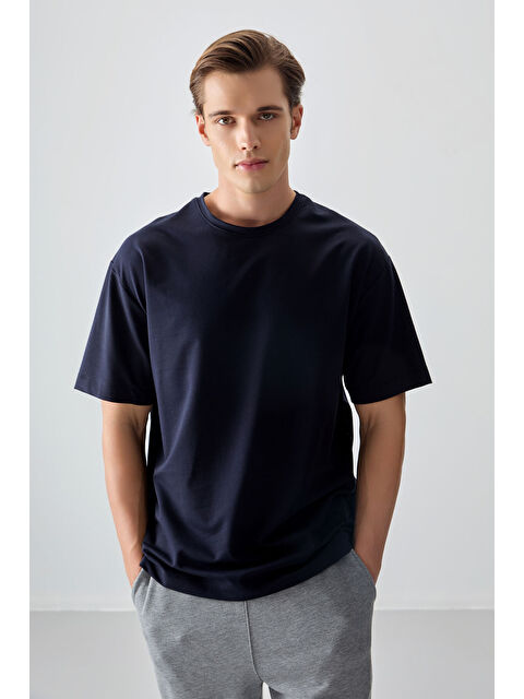 Air Jones Lacivert Pamuklu Kalın Yumuşak Dokulu Oversize Fit Basic Erkek Tişört- 88377 - S000149369-21164