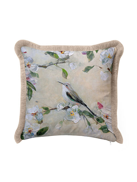 Milbay Grup Pastoral Çiçekli Saçaklı Yastık Kılıfı - Doğal Bahar Kuş Rustik Krem Püsküllü Kırlent Kılıfı