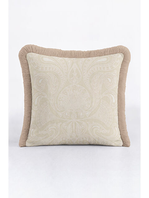 Milbay Grup Zarif Osmanlı Motifli Saçaklı Yastık Kılıfı - Etnik Klasik Bej Altın Renkli Püsküllü Kırlent Kılıfı