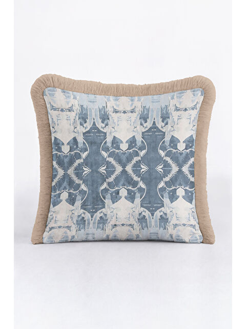 Milbay Grup Lüks İkili Geometrik Saçaklı Yastık Kılıfı - Nordic Bohem Buz Mavi Bej Püsküllü Kırlent Kılıfı