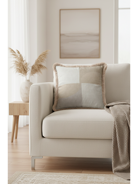 Milbay Grup Zamansız Şıklık Saçaklı Yastık Kılıfı - Soft Minimal Modern Bej Gri Püsküllü Kırlent Kılıfı