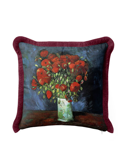 Milbay Grup Sanatsal Çiçek Aranjmanlı Saçaklı Yastık Kılıfı - Klasik Rustik Bordo Püsküllü Kırlent Kılıfı