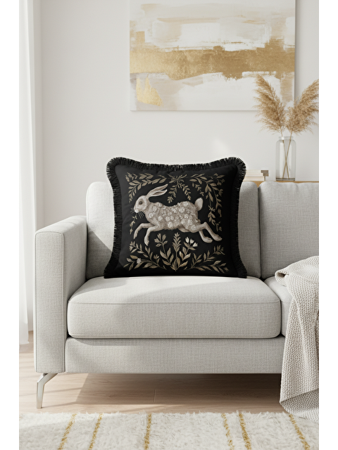 Milbay Grup Zarif Tavşan Motifli Saçaklı Yastık Kılıfı - Klasik Rustik Siyah Altın Renk Püsküllü Kırlent Kılıfı