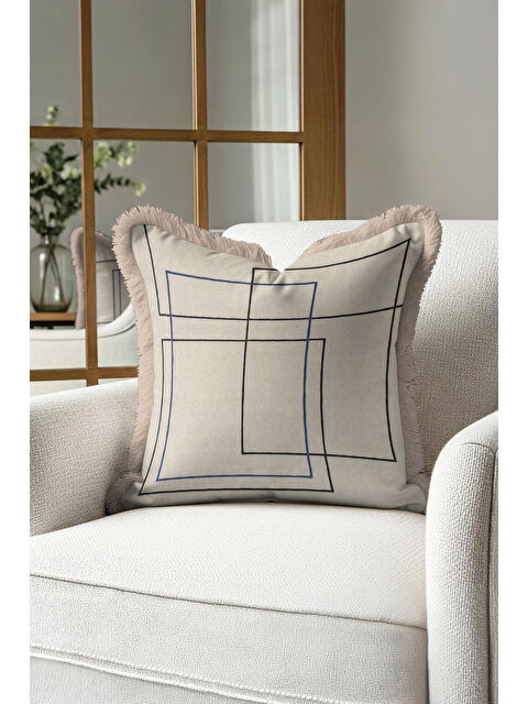 Milbay Grup Geometrik Modern Saçaklı Yastık Kılıfı - Minimal İskandinav Bej Mavi Püsküllü Kırlent Kılıfı