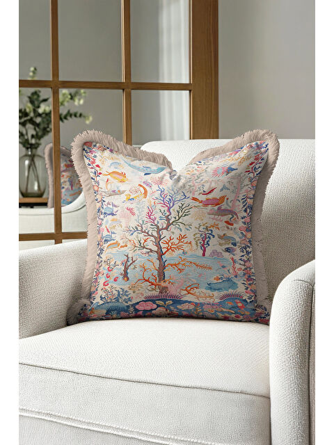 Milbay Grup Lüks Denizaltı Motifli Saçaklı Yastık Kılıfı - Tropikal Bohem Mavi Bej Püsküllü Kırlent Kılıfı